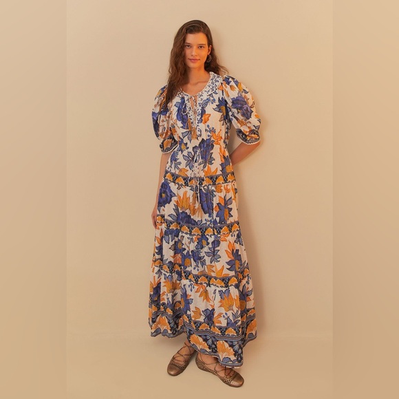 FARM Rio Dresses & Skirts - FARM Rio Off-White Summer Flowers Beaded Tassels Maxi Dress